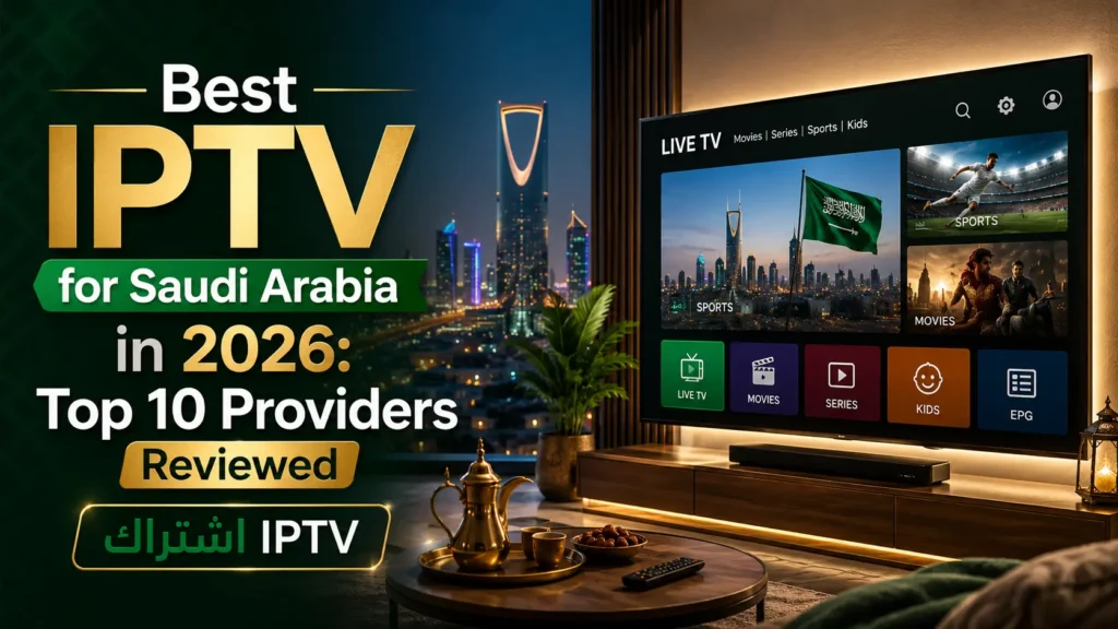 Best IPTV for Saudi Arabia in 2026 – Top 10 IPTV providers reviewed, showing a smart TV with live channels in a modern Saudi living room with Riyadh skyline