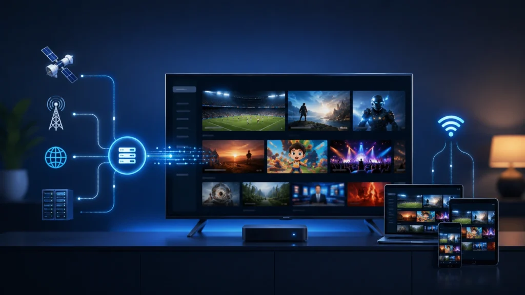 Futuristic IPTV technology overview showing internet streaming from servers to a smart TV, laptop, tablet, and smartphone.