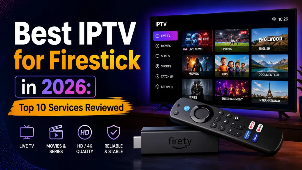 Best IPTV for Firestick in 2026 showing live TV, movies, sports and HD 4K streaming on a Fire TV Stick