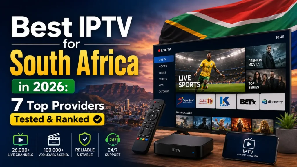 Best IPTV for South Africa in 2026 — 7 Top Providers Tested and Ranked showing live TV interface with SuperSport, SABC, and kykNET channels on a Smart TV