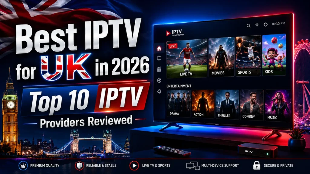 Best IPTV for UK in 2026 showing a smart TV streaming live sports, movies, and entertainment channels with London landmarks in the background