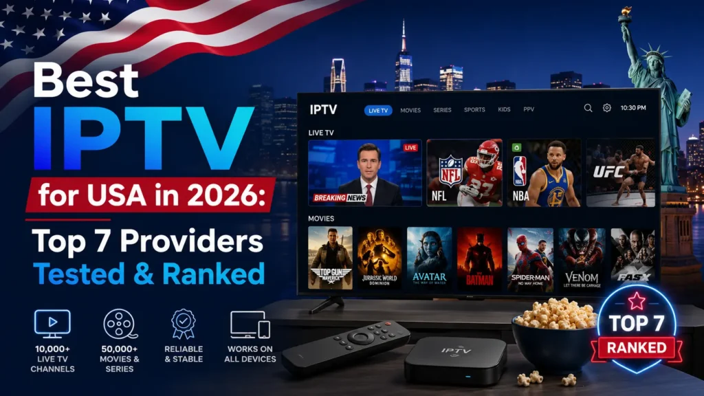 Best IPTV for USA in 2026 showing top 7 providers with live TV channels including NFL, NBA, UFC, movies, and series on a Smart TV with IPTV box and remote