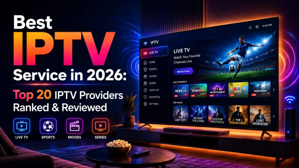 Best IPTV service 2026 — collage showing top IPTV providers on multiple streaming devices including Smart TV, Firestick, and smartphone