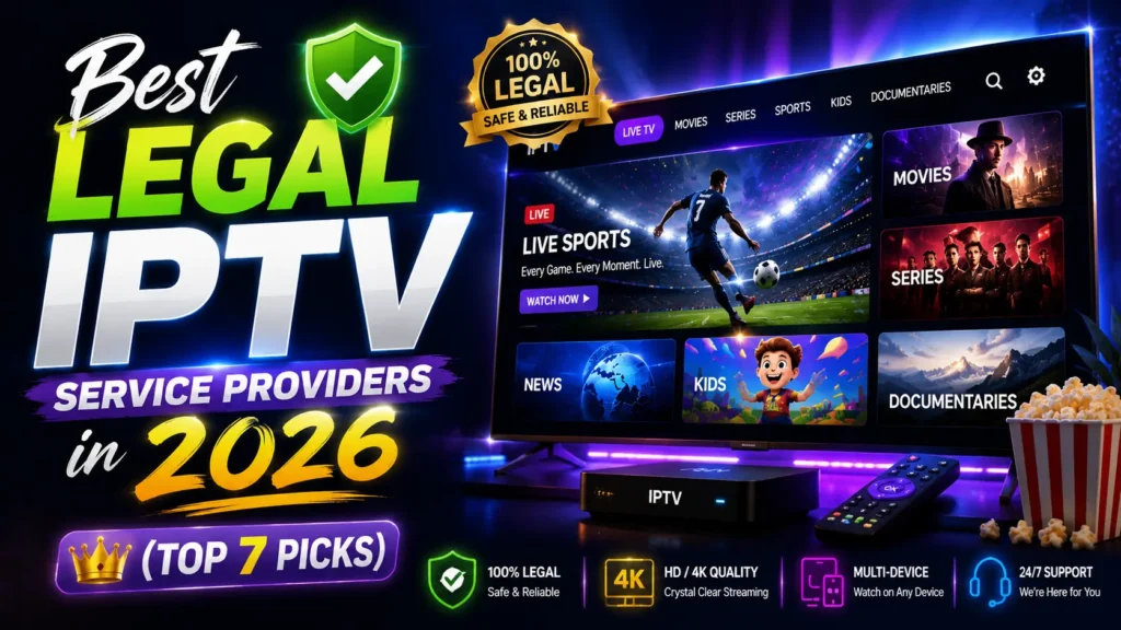 Best legal IPTV service providers in 2026 featuring live sports, movies, series, kids and news channels on a smart TV with 100% legal badge