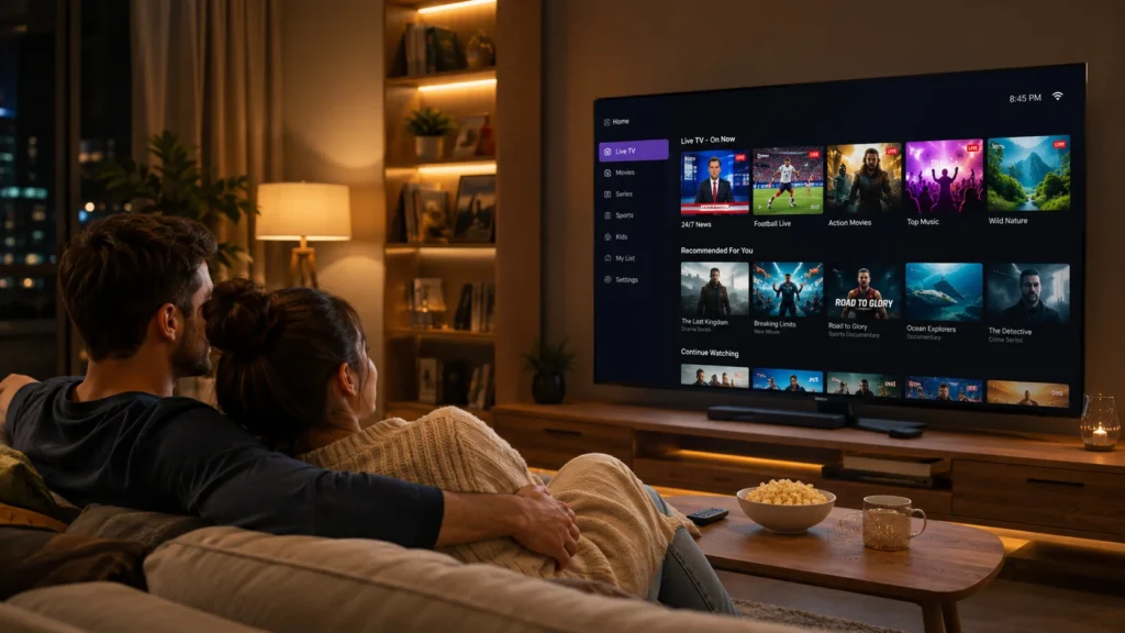 Husband and wife relaxing on a sofa while watching an IPTV streaming interface on a large smart TV in a cozy living room.