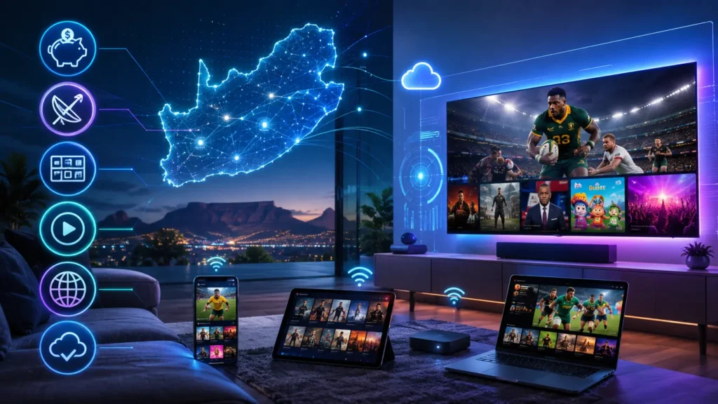 IPTV in South Africa streaming on smart TV and connected devices with digital network coverage.
