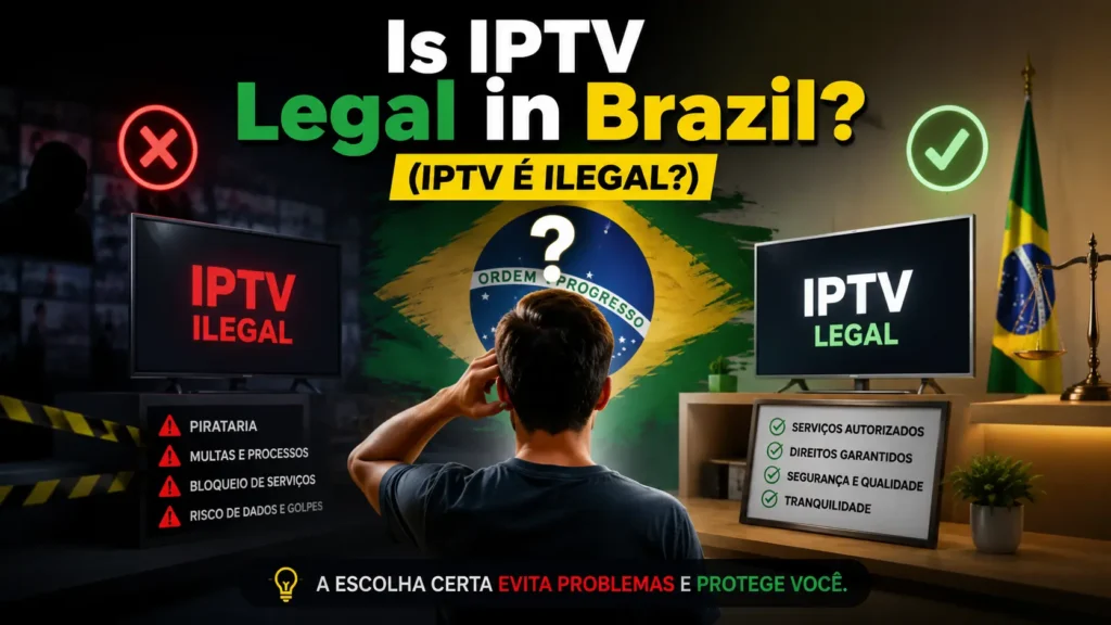 Is IPTV legal in Brazil iptv é ilegal comparison showing illegal IPTV risks like piracy and fines on the left versus legal licensed IPTV services with guaranteed rights on the right