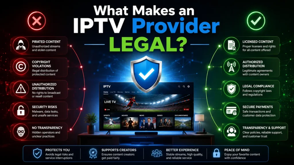 Infographic showing what makes an IPTV provider legal vs illegal — comparing licensed content and authorized distribution against pirated content, copyright violations and security risks