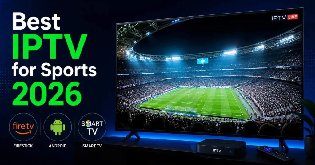 Best IPTV for Sports 2026 showing a live football match on a Smart TV with Firestick, Android, and Smart TV device compatibility icons