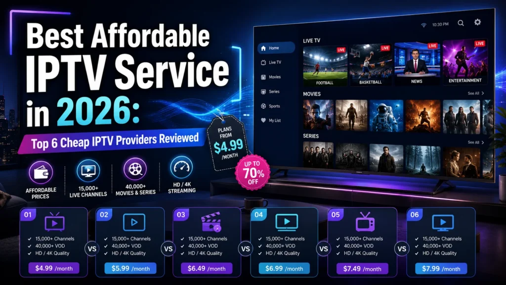 Best affordable IPTV service providers comparison showing logos and pricing plans for BekuTV, Flash4k IPTV, Digitalizard, Voco IPTV, IPTV Digi, and StelloTV