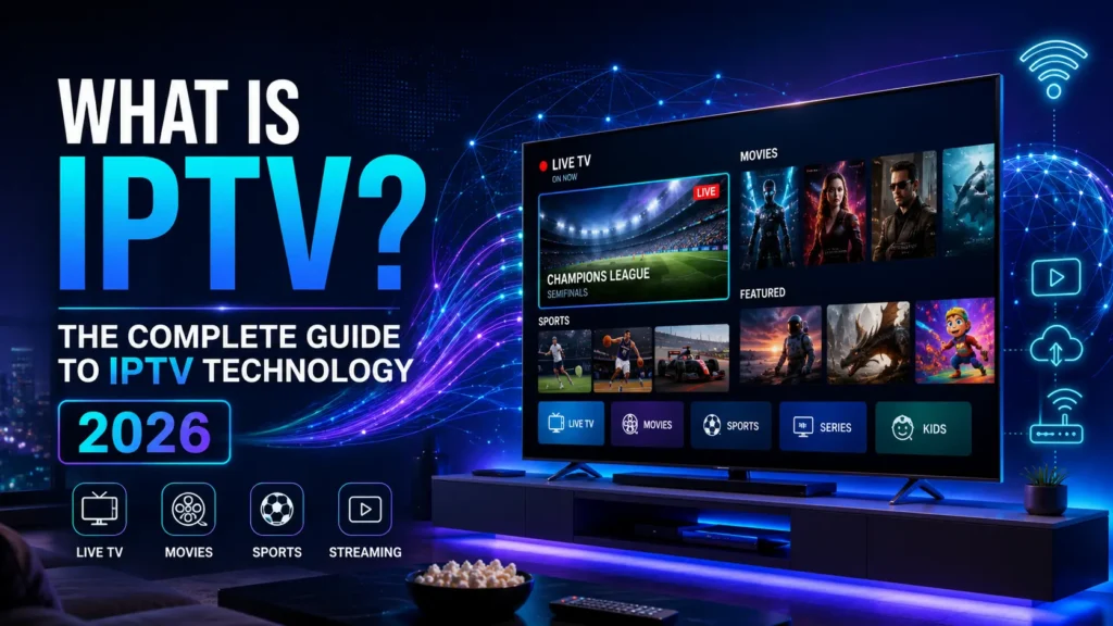Diagram explaining what is IPTV and how IPTV technology streams television over the internet