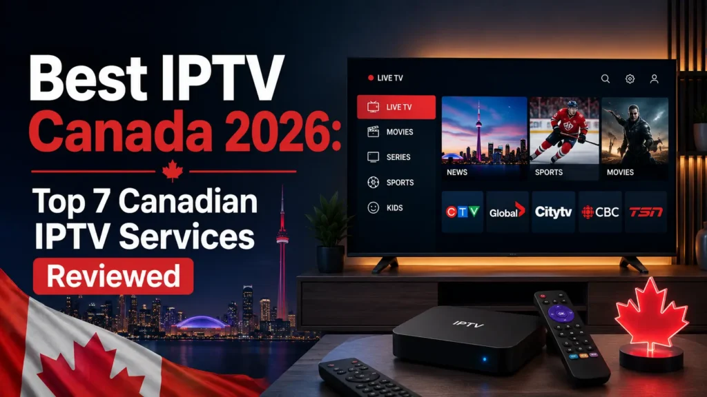 Best IPTV Canada 2026 – Top 7 Canadian IPTV Services Reviewed showing live TV channels including CTV, CBC, TSN, and Global on a smart TV with an IPTV box