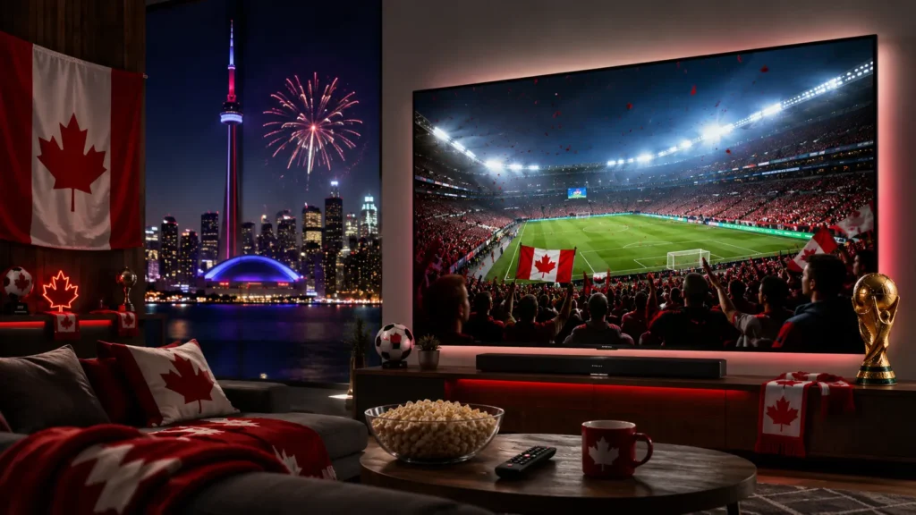 Canadian fan watching live FIFA World Cup soccer match on a smart TV via IPTV Canada service with Toronto CN Tower skyline in the background