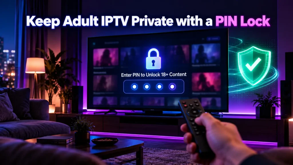 Adult IPTV parental control PIN lock on a smart TV screen for private and secure streaming