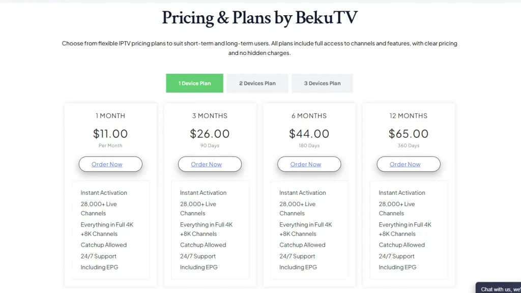 Beku TV IPTV pricing plans starting at $11 per month with optional adult package