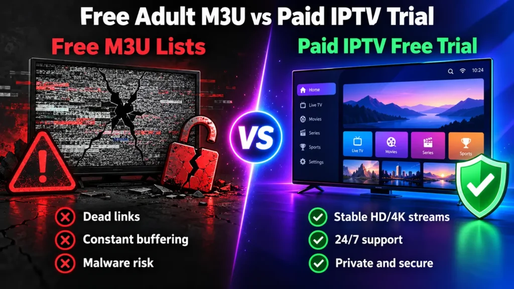 Free adult IPTV M3U lists vs paid adult IPTV free trial comparison showing risks and benefits