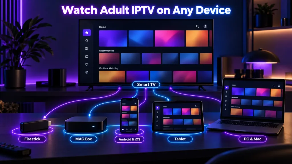 IPTV with adult channels supported devices including Smart TV, Firestick, MAG box, Android, iOS and PC
