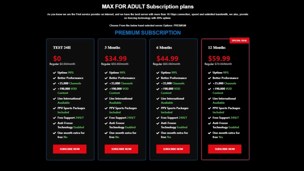 MaxforAdult IPTV pricing plans with 50,000+ live channels and 200,000+ VOD titles