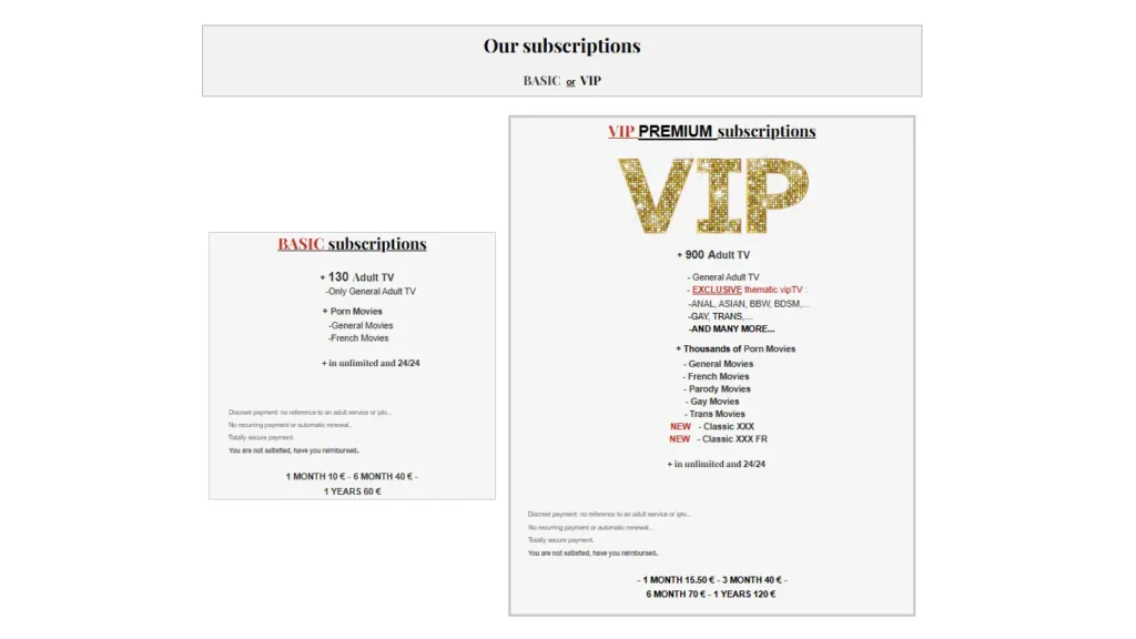 MyPorn IPTV Basic and VIP adult IPTV pricing plans starting at €10 per month
