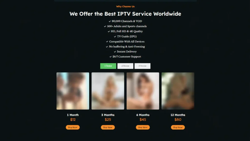 Pillow IPTV pricing plans with 510+ adult XXX channels starting at $12 per month